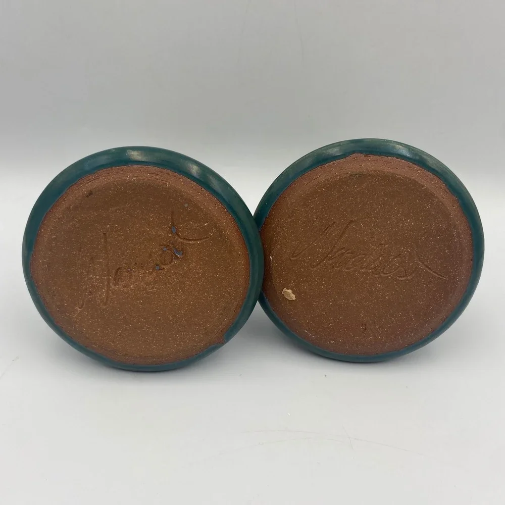 Studio Pottery Hand Signed Teal Cream Drip Glaze Candlestick Holders Set‎ of 2